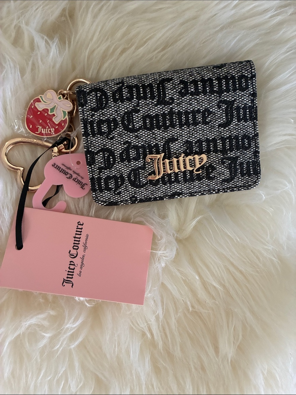 Juicy Couture Black & White Logo Cardholder with Pink Charm